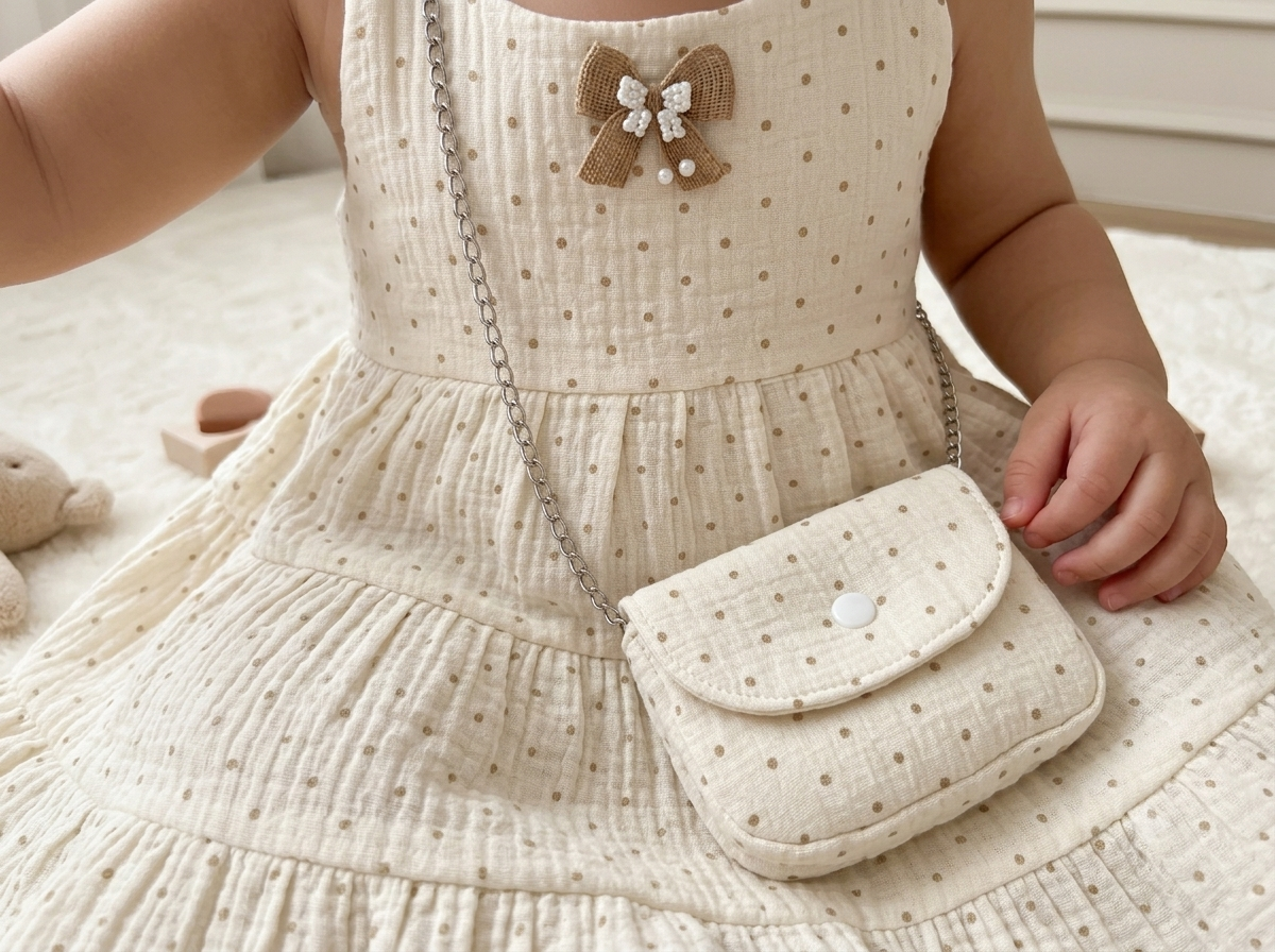 Polka Dot Muslin Baby Dress with Matching Purse