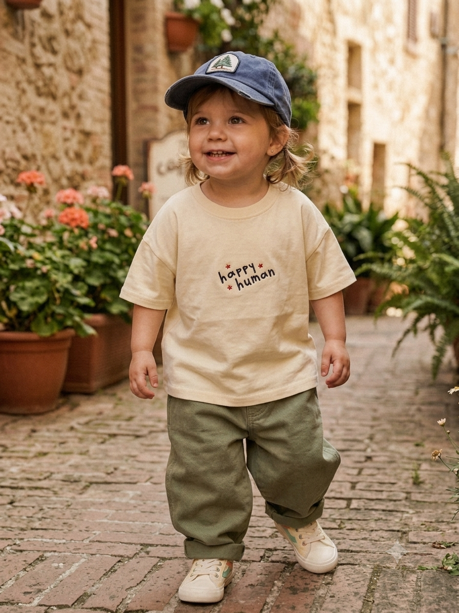 "Happy Human" Embroidered Cotton Tee