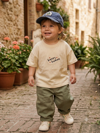 "Happy Human" Embroidered Cotton Tee