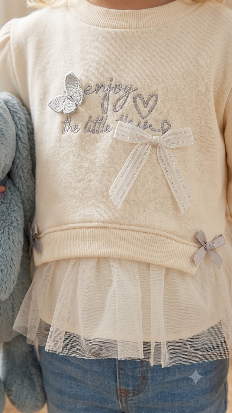 Oversized Cream Tulle-Trim Sweatshirt