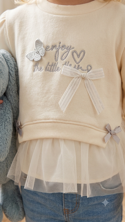 Oversized Cream Tulle-Trim Sweatshirt