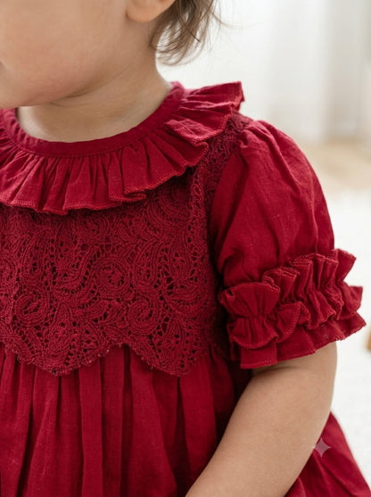 Crimson Lace Yoke Ruffled Dress