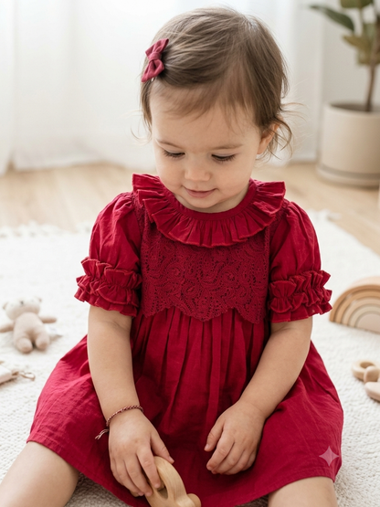Crimson Lace Yoke Ruffled Dress