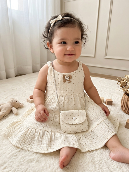 Polka Dot Muslin Baby Dress with Matching Purse