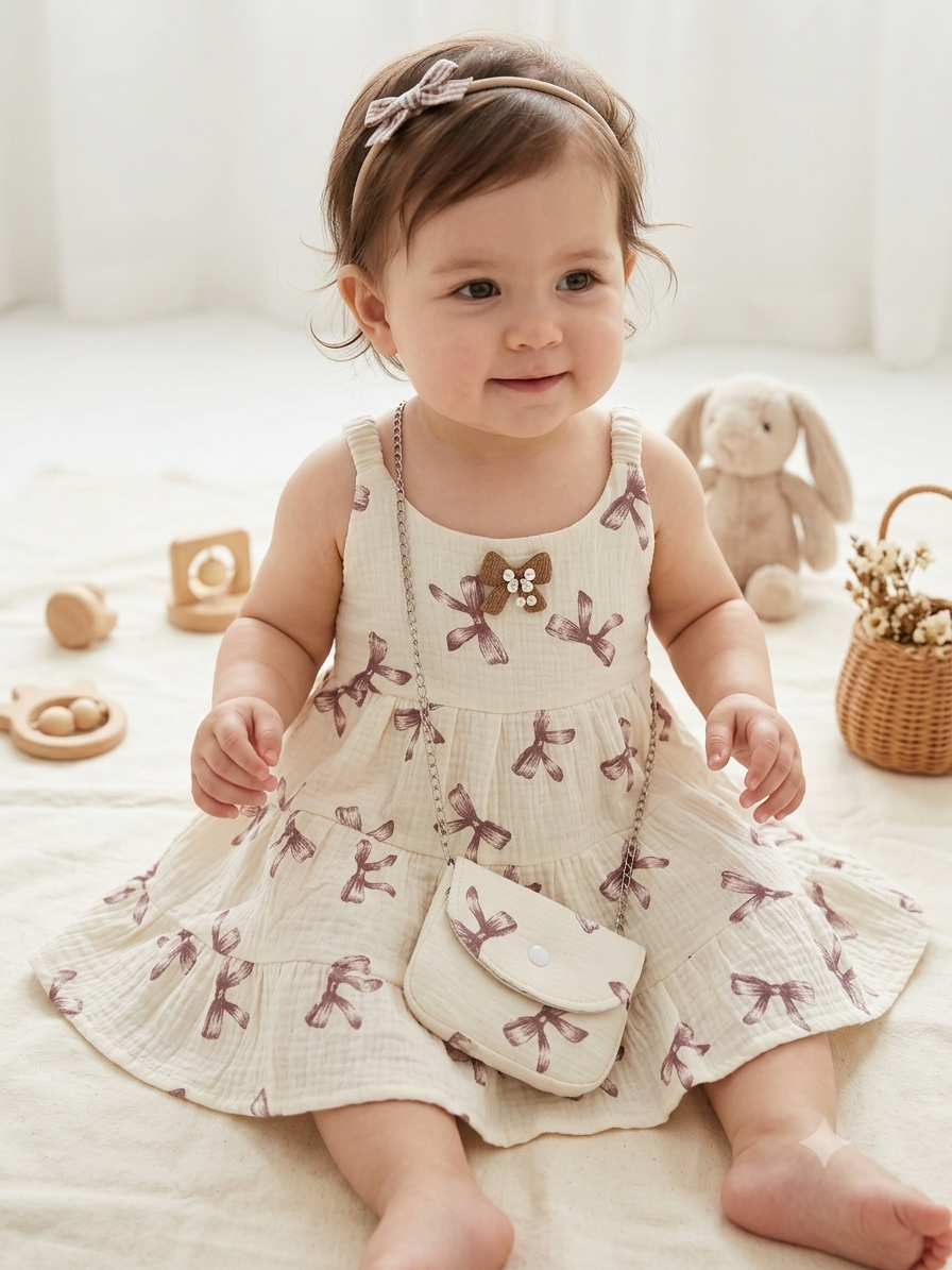 Ribbon Print Muslin Dress With Purse