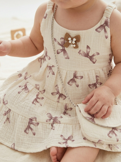 Ribbon Print Muslin Dress With Purse